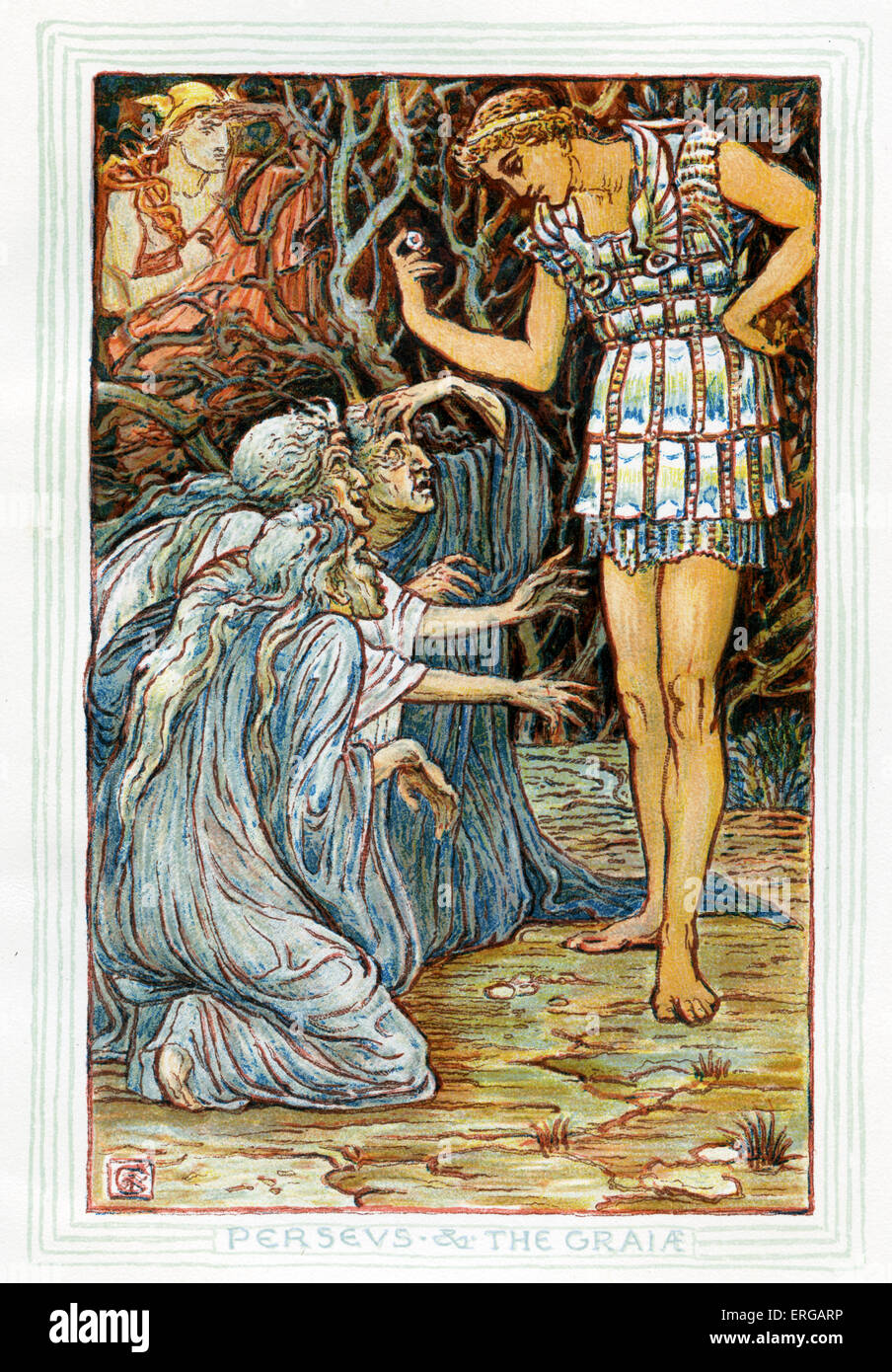 Perseus und die Graia / voller (drei grauen Frauen). Er hält ein Auge. Nacherzählung der griechischen Mythen von Nathaniel Hawthorne Stockfoto