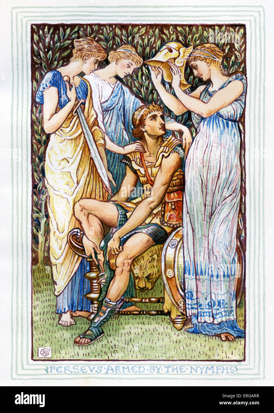 Perseus bewaffnet durch die Nymphen und geflügelten Sandalen von Hermes. Nacherzählung der griechischen Mythen von Nathaniel Hawthorne (1804 – Stockfoto