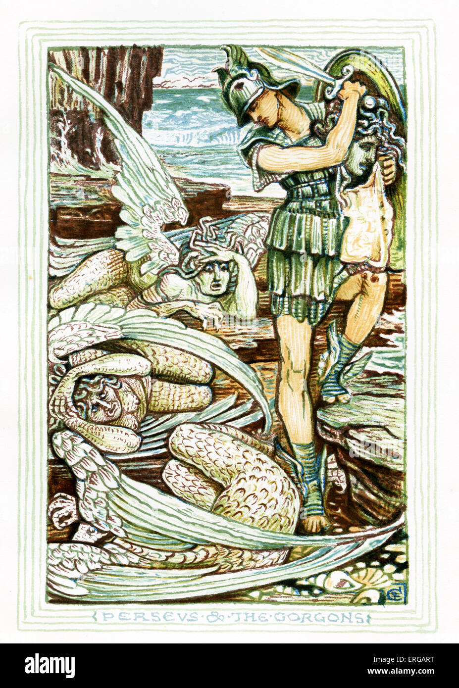 Perseus und Gorgo (Stheno, Euryale und Medusa). Er hält Medusenhaupt. Nacherzählung der griechischen Mythen von Nathaniel Hawthorne Stockfoto