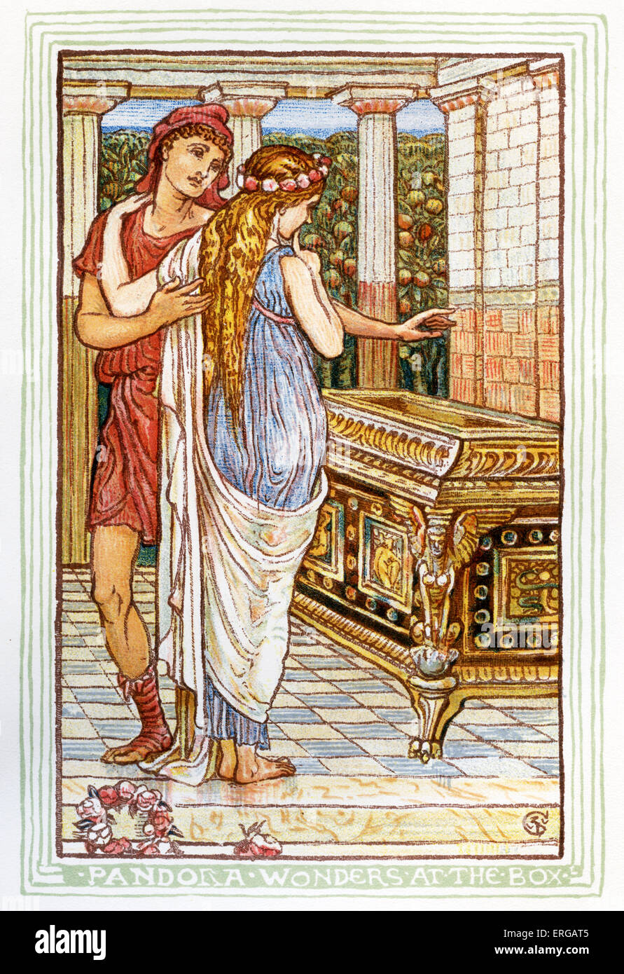 Neben Epimetheus Pandora steht fragt an der Kasse. Nacherzählung der griechischen Mythen von Nathaniel Hawthorne (1804 – 1864). Stockfoto
