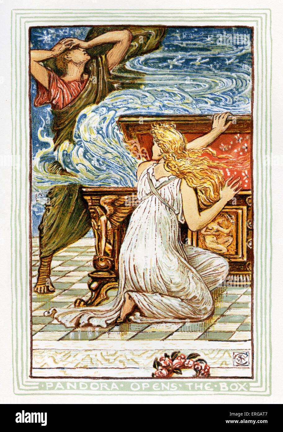 Pandora öffnet die Box und eine Gewitterwolke fällt auf Epimetheus. Nacherzählung der griechischen Mythen von Nathaniel Hawthorne (1804 – 1864). Stockfoto