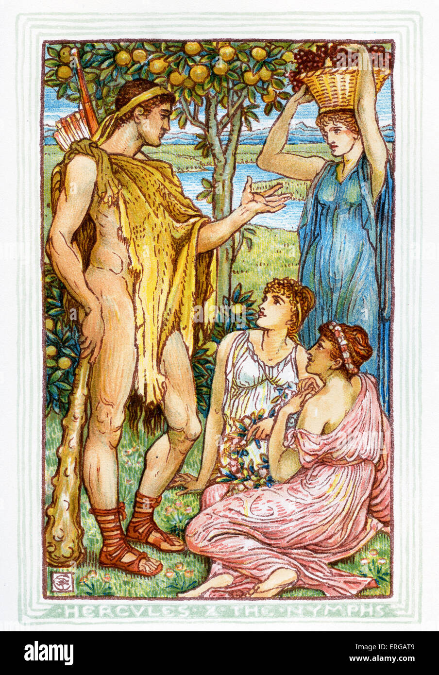 Hercules, der Garten der Hesperiden, sucht die goldenen Äpfel der Nymphen Fragen. Nacherzählung der griechischen Mythen von Nathaniel Stockfoto