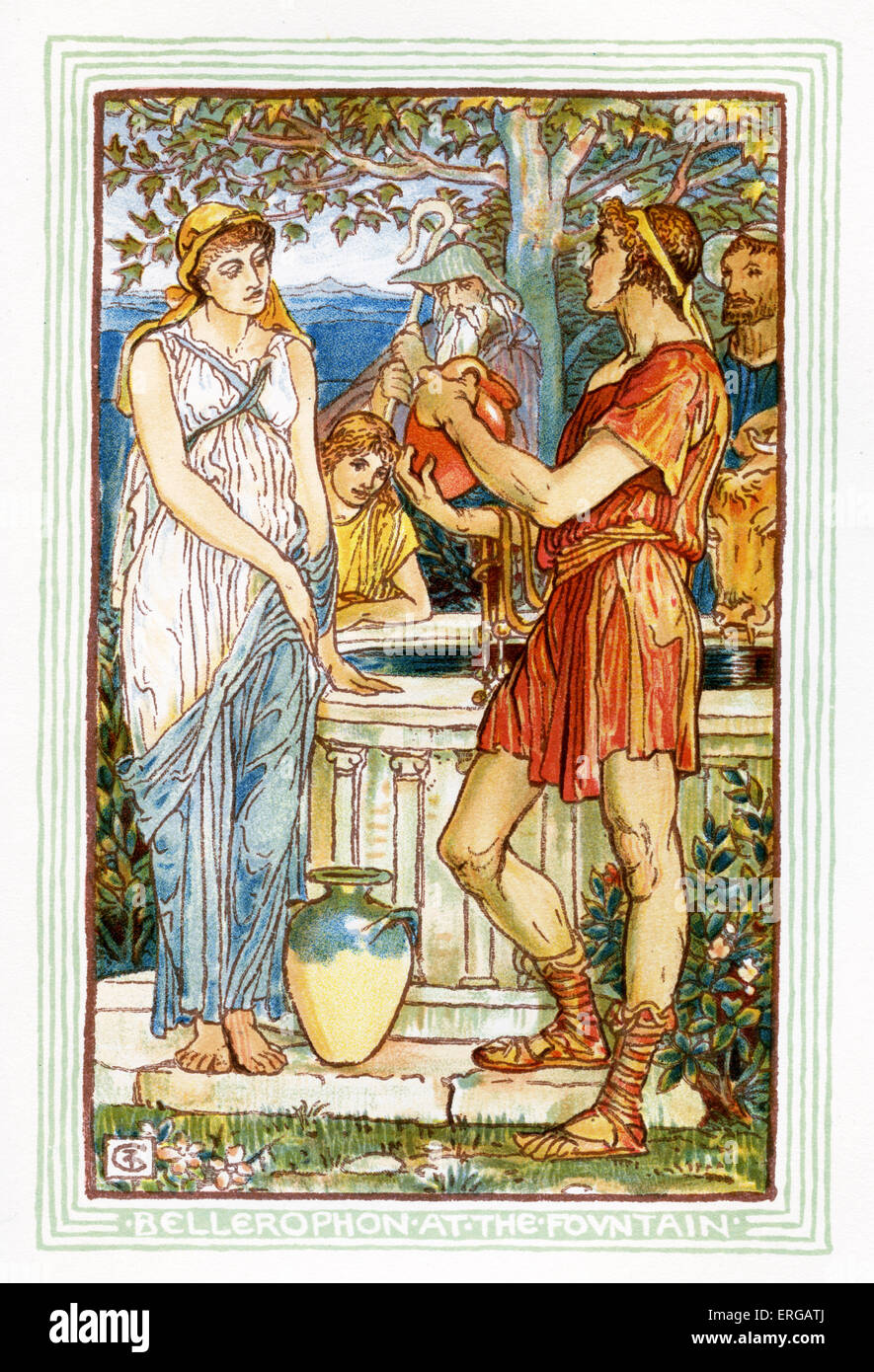 Bellerophon an der Peirene / Pirene Brunnen. Nacherzählung der griechischen Mythen von Nathaniel Hawthorne (1804 – 1864). Illustrationen von Stockfoto