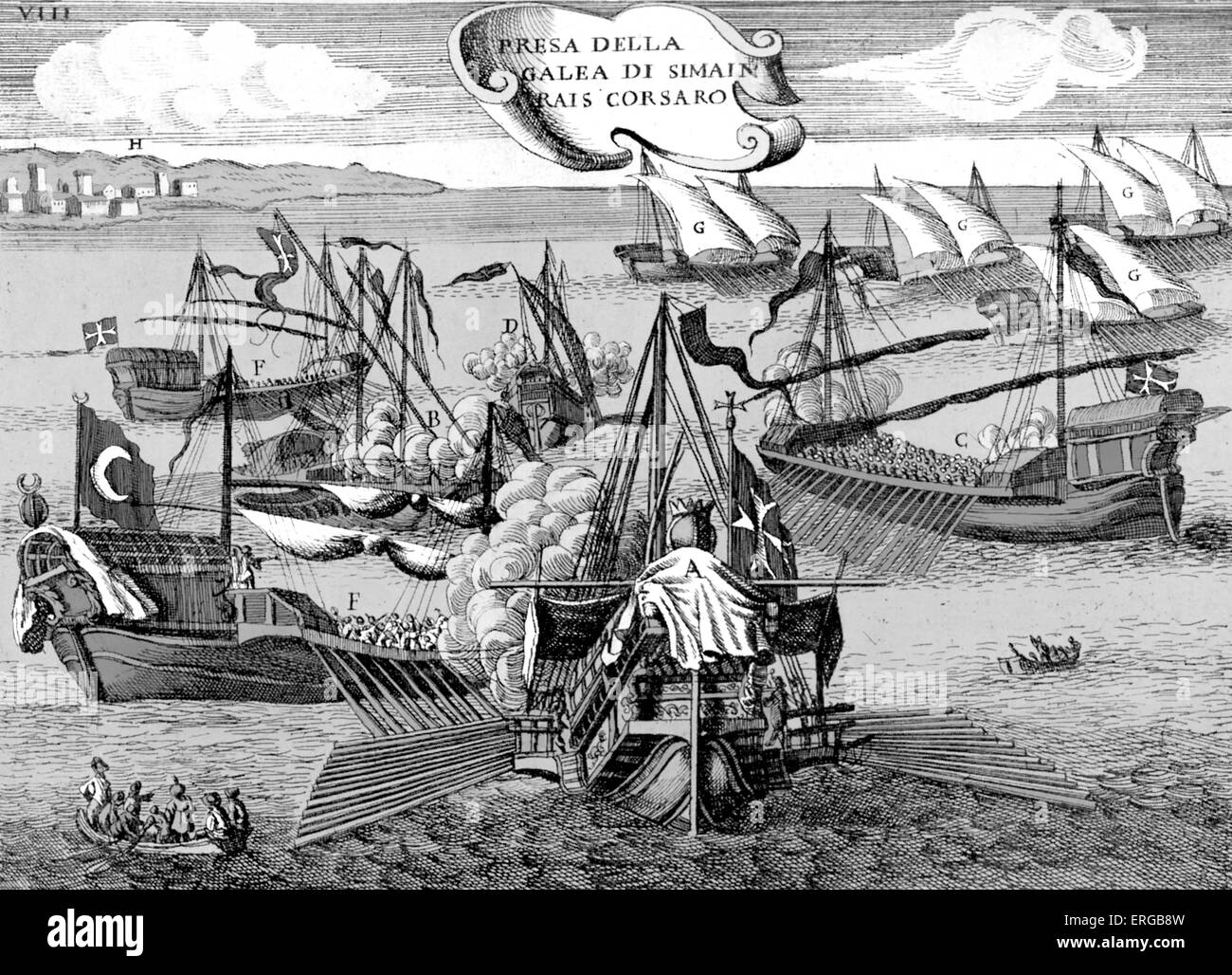 Kampf zwischen toskanischen Galeeren und Barbary Piraten. Mediterrane Piraten. Bildunterschrift lautet: Presa della Galea di Simain Rais Stockfoto