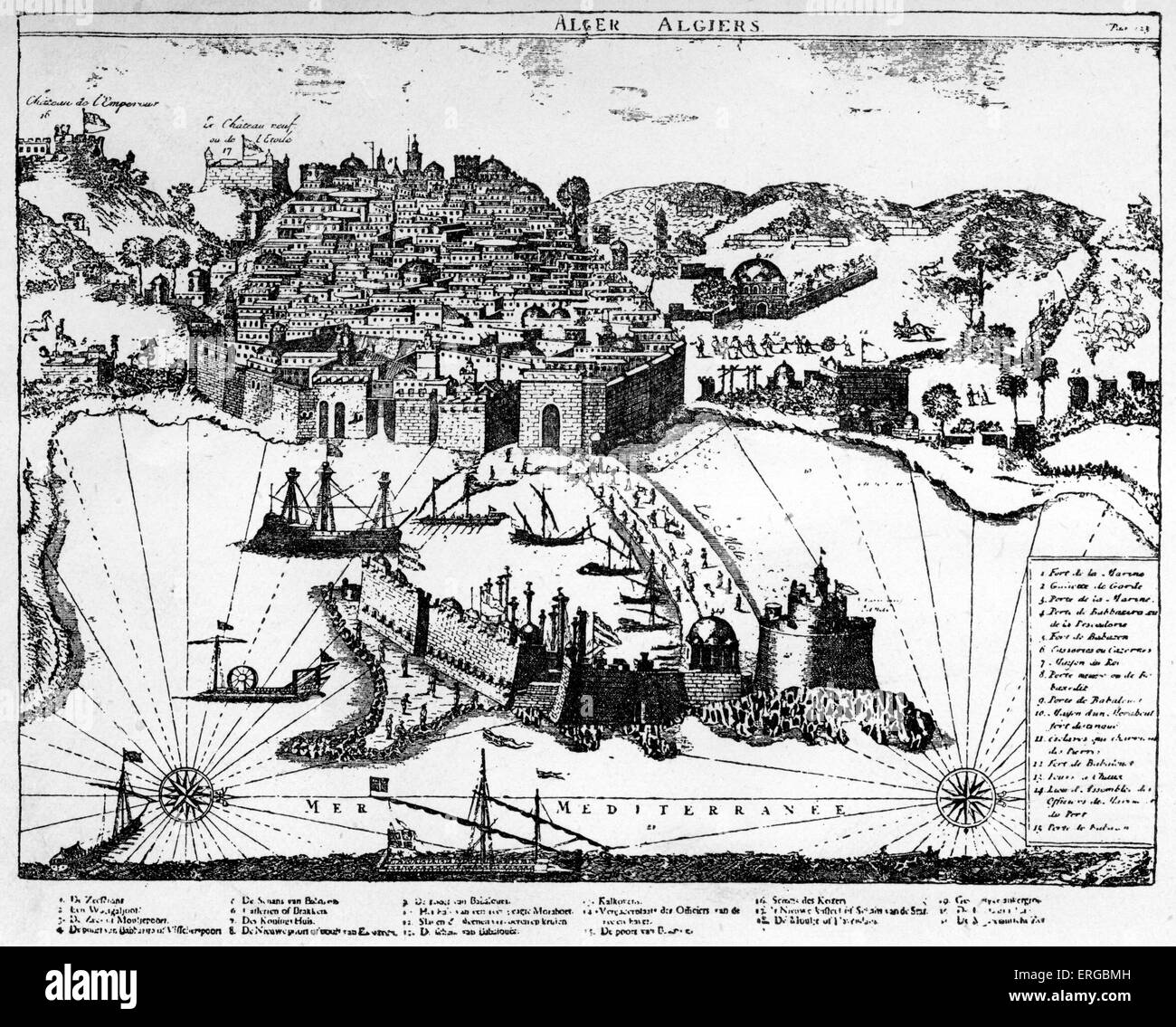 Karte von Algier 1700. Ummauerte Stadt an der Küste des Mittelmeers. Nordafrika. Hintergrund für die Barbary Piraten. Stockfoto