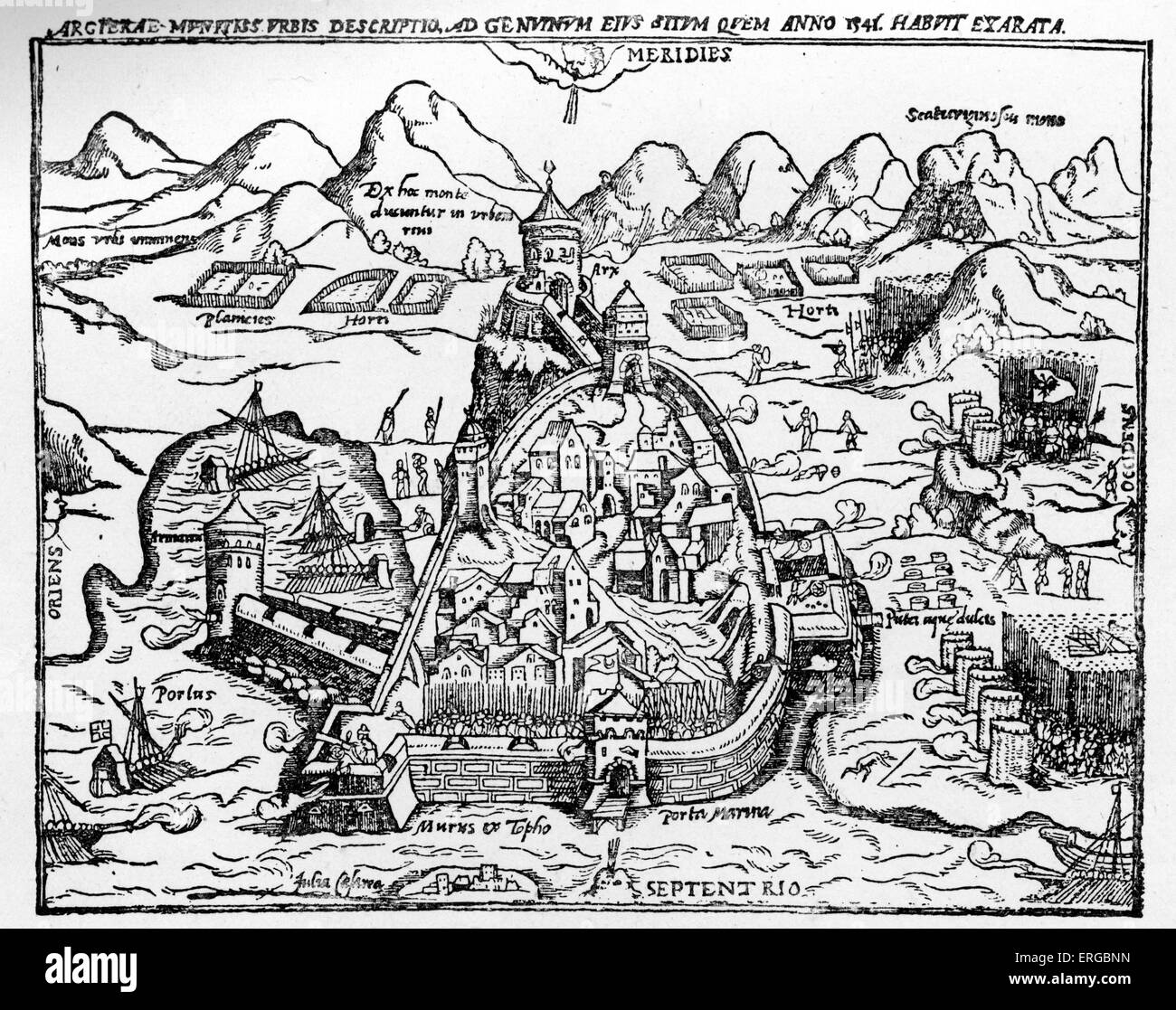 Karte von Algier, 16. Jahrhundert. Ummauerte Stadt an der Küste des Mittelmeers. Nordafrika. Hintergrund für die Barbary Piraten. (1555) Stockfoto