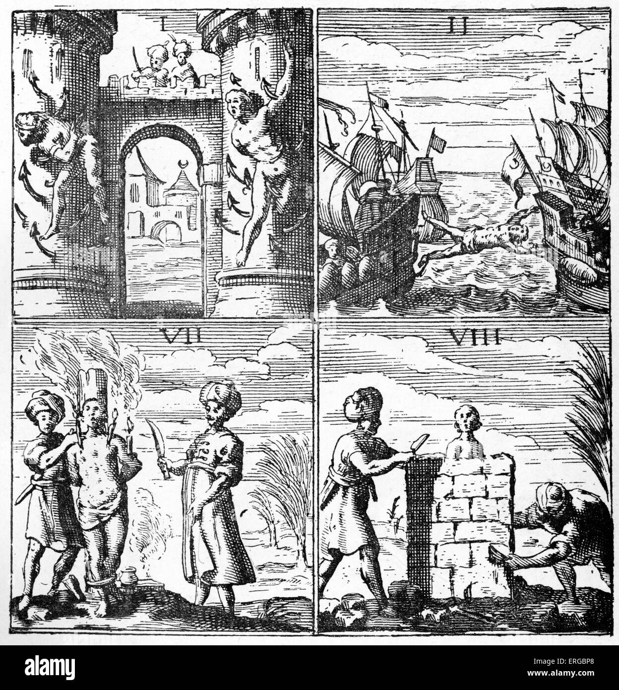 Christliche Sklaven gefoltert in Algerien (17. Jahrhundert Abbildung). Algerien war damals Teil des Osmanischen Reiches. Bildunterschrift lautet: Qualen der Sklaven, von Histoire de Barbarie 1637. Stockfoto