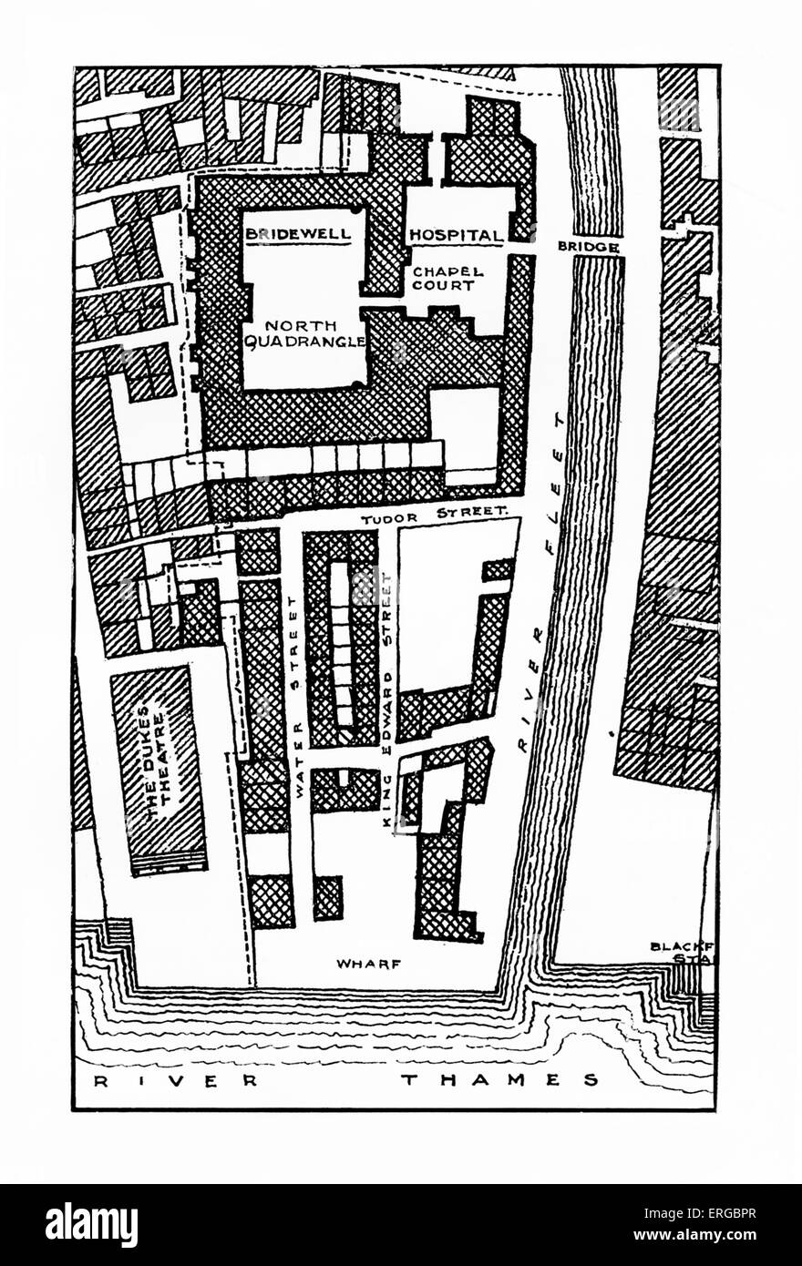 Plan des Layouts von Bridewell Gefängnis und Krankenhaus, London. Erstellt im Jahre 1556 von City of London, an Stelle des Bridewell Palast. Geschlossen Stockfoto