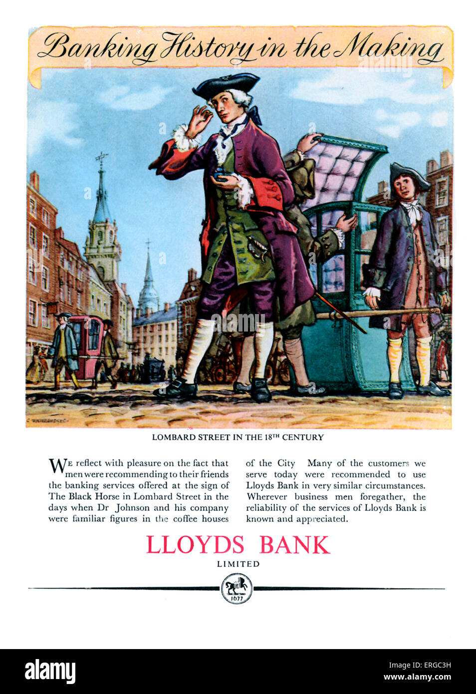 Werbung für Lloyds Bank. Quelle 1951.  Bildunterschrift lautet "Lombard Street im 18. Jahrhundert". Stockfoto