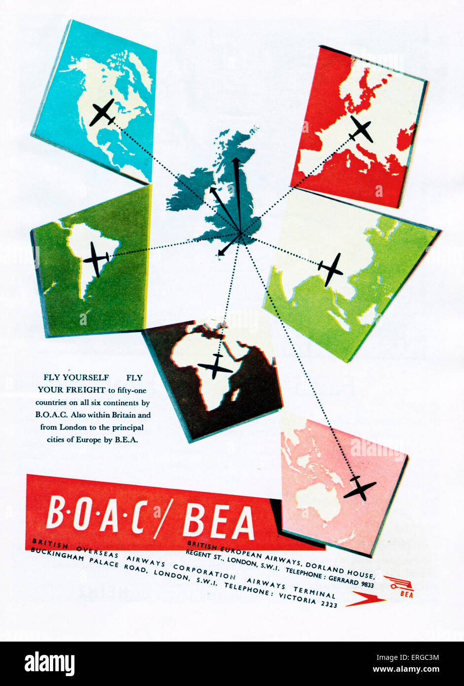 Werbung für BOAC / BEA, 1950er Jahre. BOAC: British Overseas Airways Corporation. BEA: British European Airways. Stockfoto