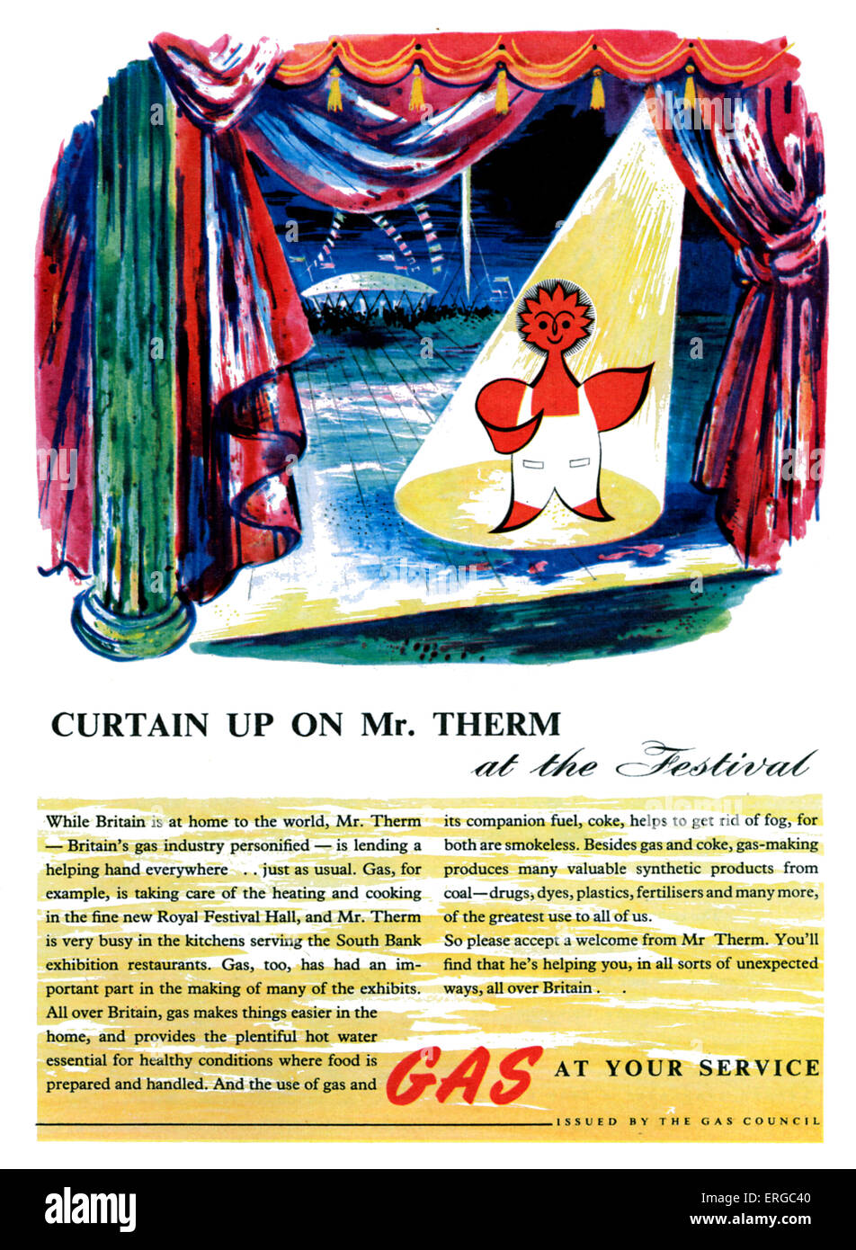 Gas-Rat Werbung - Mr-Therm, 1950er Jahre. Bildunterschrift: Vorhang auf für Herrn Therm auf dem Festival.  .. Gas zur Verfügung. Stockfoto