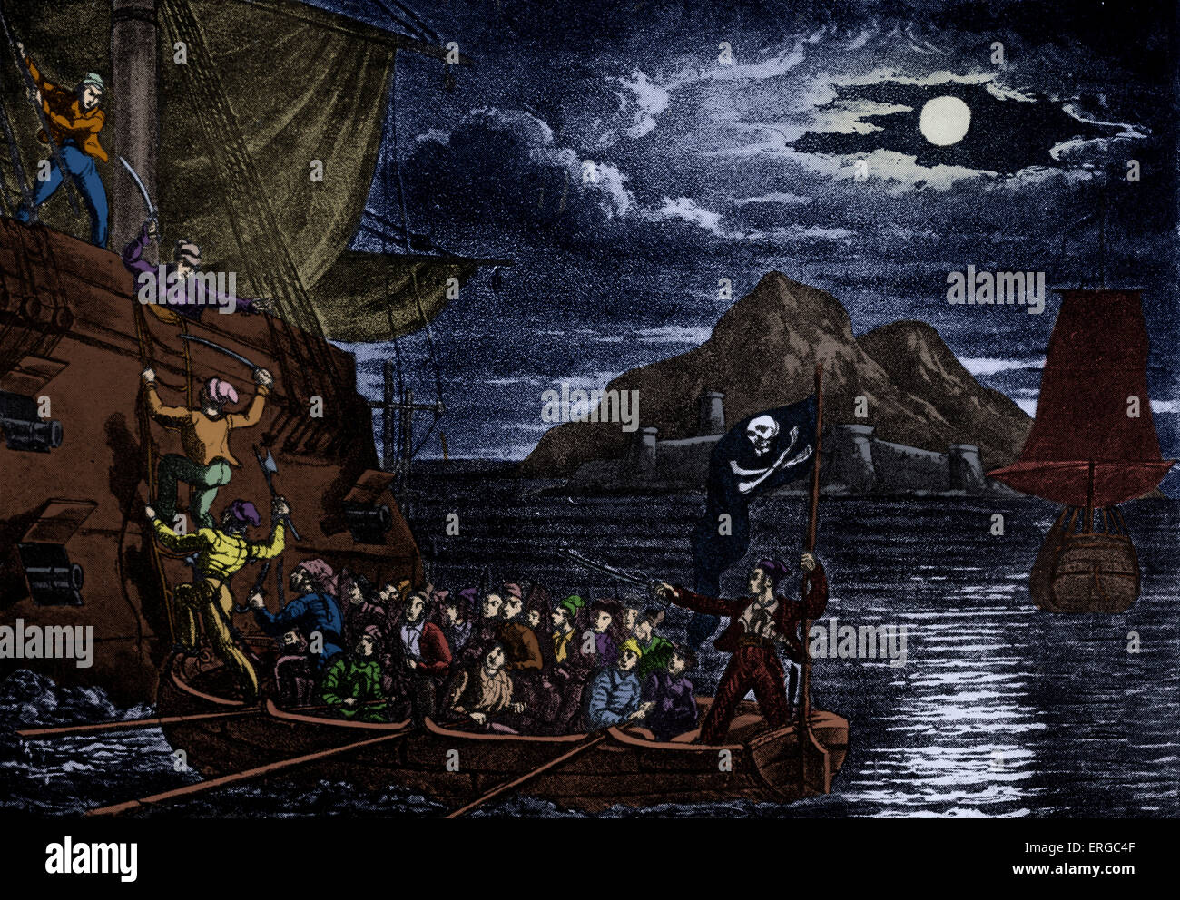 "Piraten Bord eines spanischen Schiffes in den West Indies, Gravuren von"The History and Leben von den berüchtigten Piraten", durch einen alten Seemann, n.d. Stockfoto