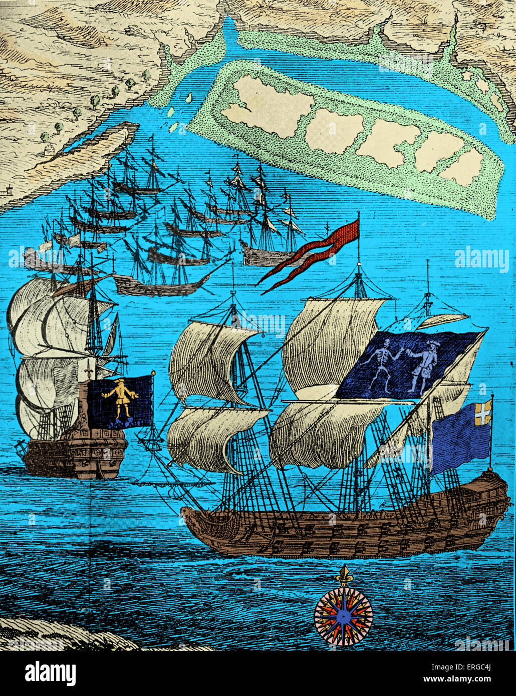 "Die Piratenschiffe"Royal Fortune"und"Ranger"Whydah Straße, 11. Januar 1722" Gravur. Die Schiffe gehörten zu den Piraten, Stockfoto