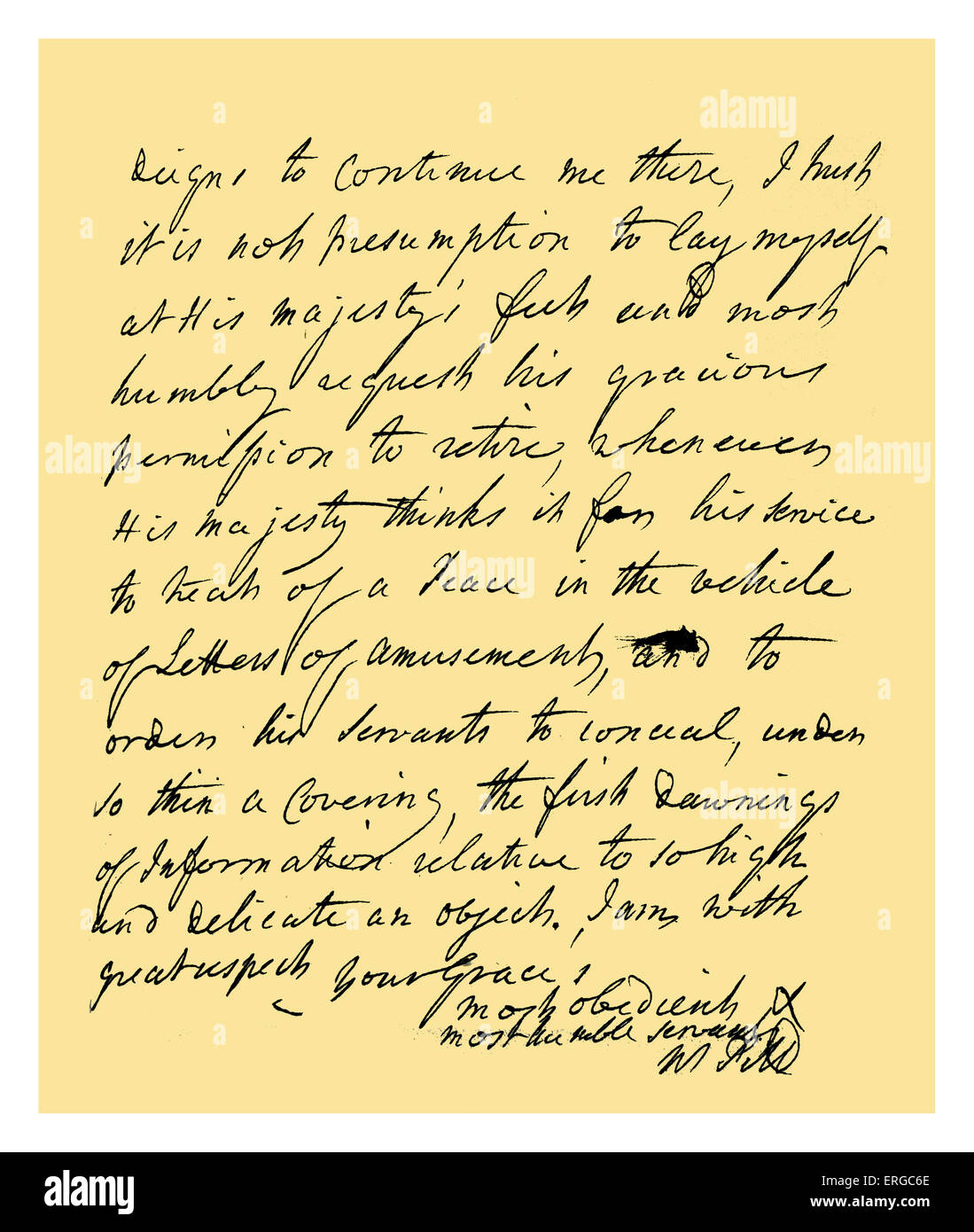 Autogramm: William Pitt, Earl of Chatham. Brief an den Herzog von Newcastle klagte über die Verheimlichung von ihm von einem Stockfoto
