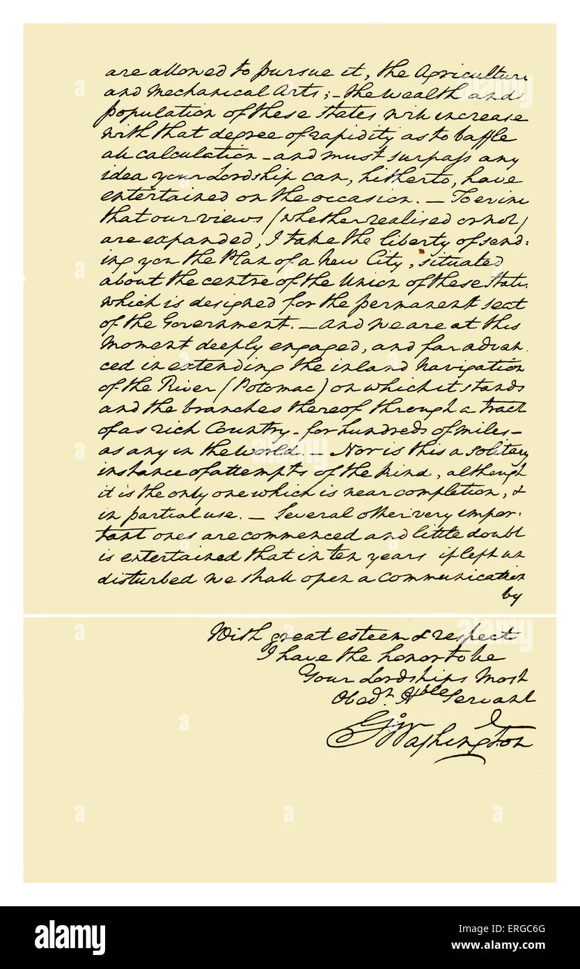 Autogramm: George Washington, 1793. Brief an den Earl of Buchan, auf dem Prinzip, das die Vereinigten Staaten im Zusammenhang mit der Außenpolitik, auch auf die neue Stadt von Washington führen sollte. 22. April 1793. Quelle: British Museum. Stockfoto
