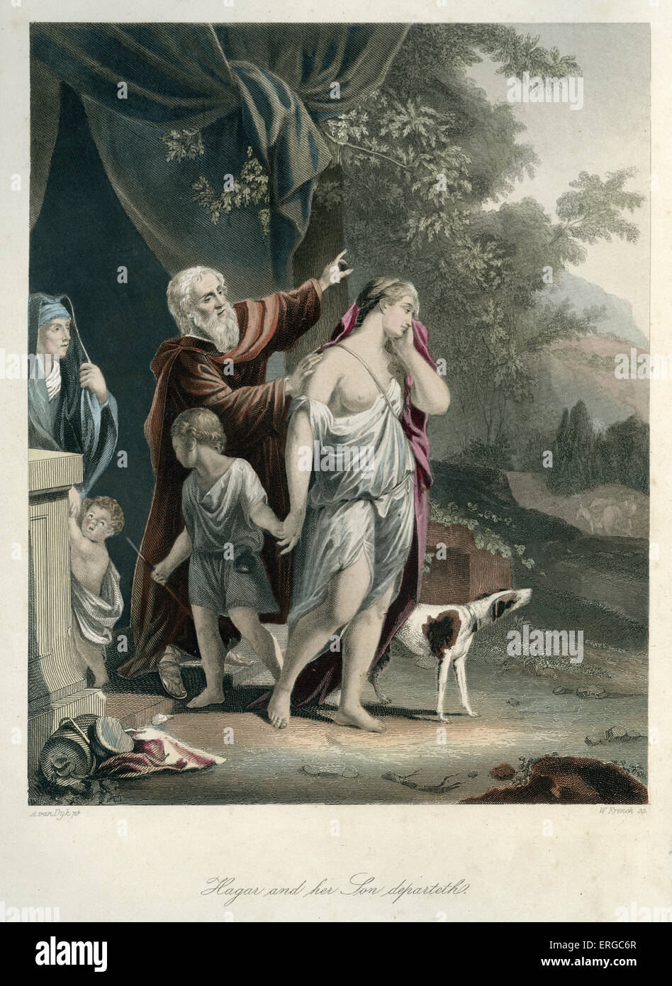 Hagar und Ismael werden weggeworfen. Die Bildunterschrift lautet: "Hagar und ihren Sohn departeth". Sarah erzählt Abraham, sie wegzuschicken Stockfoto