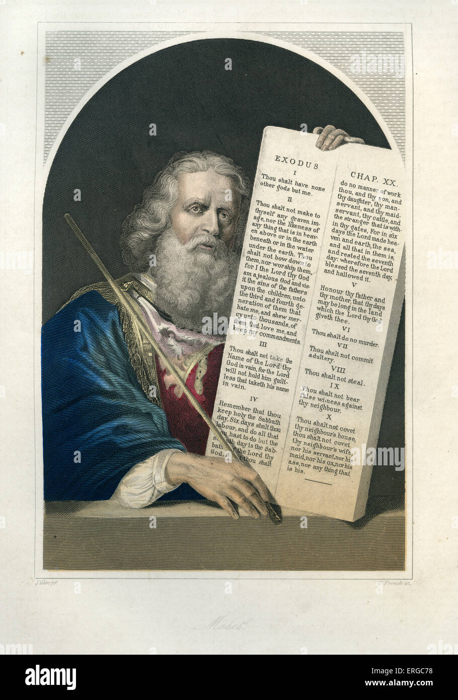 Moses hält die Tabletten eingeschrieben mit den zehn geboten. Stockfoto