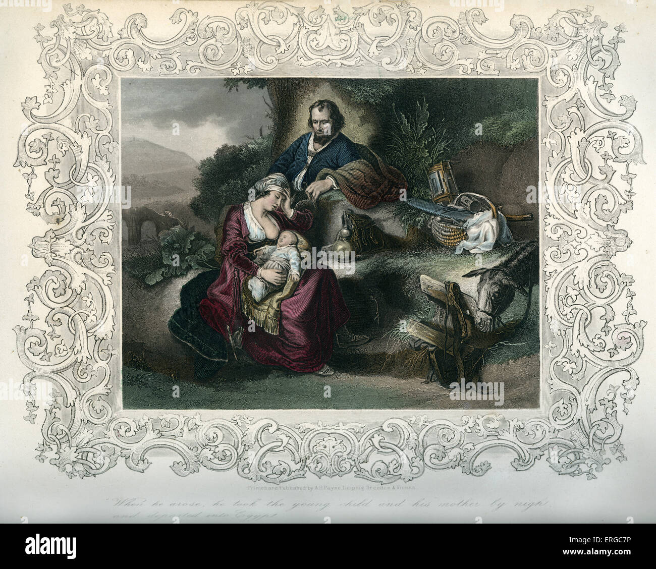 Flucht nach Ägypten von Maria, Josef und das Jesuskind. Bildunterschrift lautet: "wenn er Aufstand, er nahm das Kindlein und seine Mutter durch Stockfoto