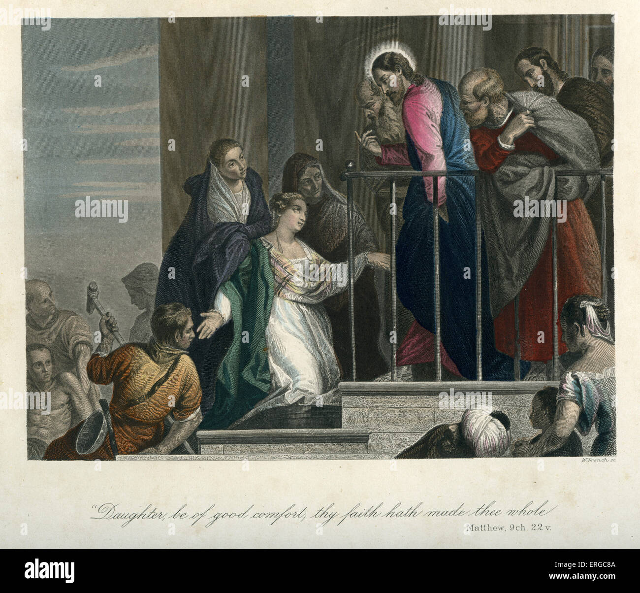 Jesus heilt eine Frau mit Fragen des Blutes. Bildunterschrift lautet: "Tochter von gutem Komfort, dein Glaube hat dich geheilt. ' Stockfoto