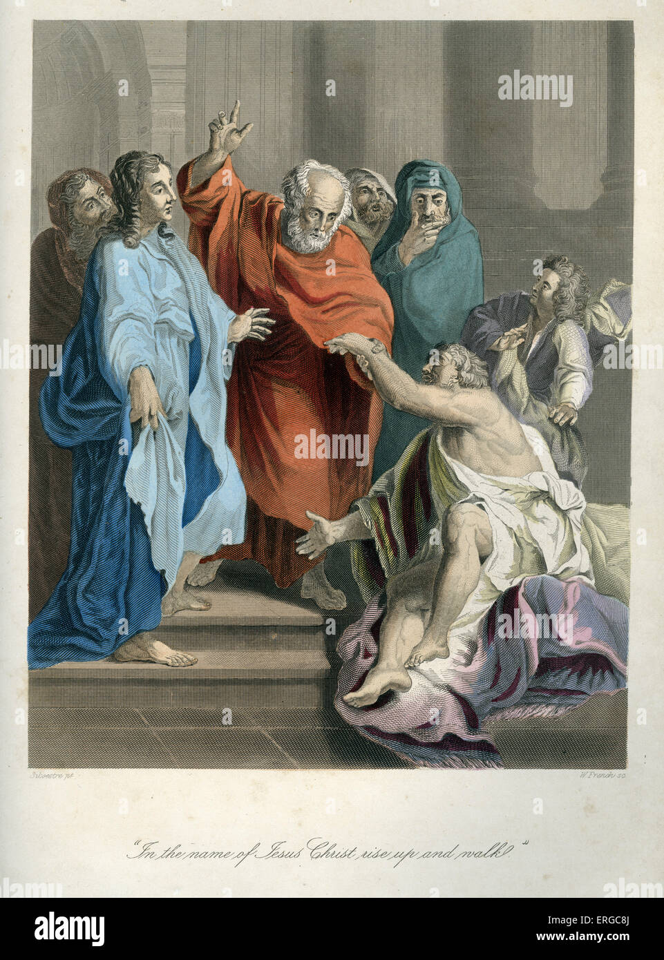 Wirkt der Petrus und Johannes, die Heilung von einem verkrüppelten Mann außerhalb des Tempels. Bildunterschrift lautet: "im Namen Jesu Christi, aufstehen Stockfoto