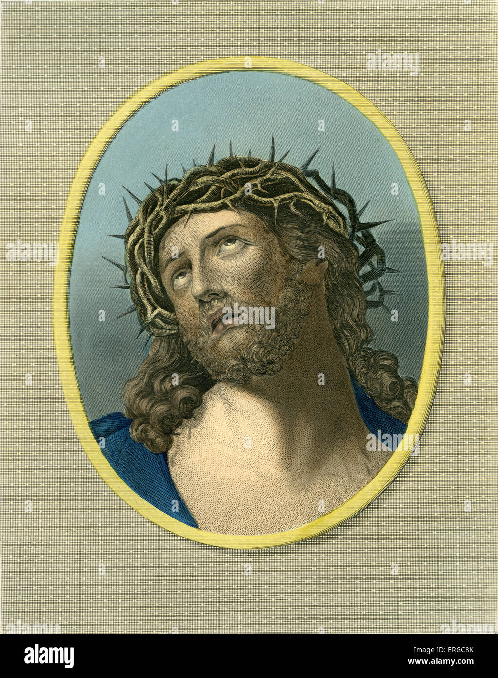 Jesus Christus mit Dornenkrone gekrönt. Bildunterschrift lautet: "Ecce Homo" / siehe, die Mensch. Stockfoto