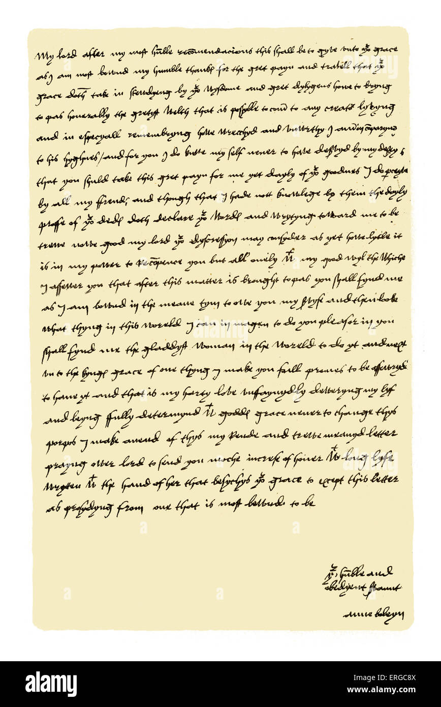 Autogramm: Königin Anne Boleyn, Brief an Kardinal Wolsey, dankte ihm für die Förderung ihrer Ehe mit Heinrich VIII. Ohne Datum Stockfoto