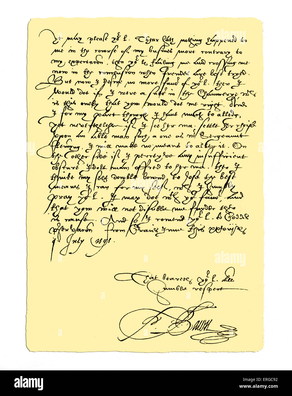 Autogramm: Francis Bacon, Lord Verulam und Viscount von St. Albans. Brief an Sir John Puckering, klagte über dessen Stockfoto