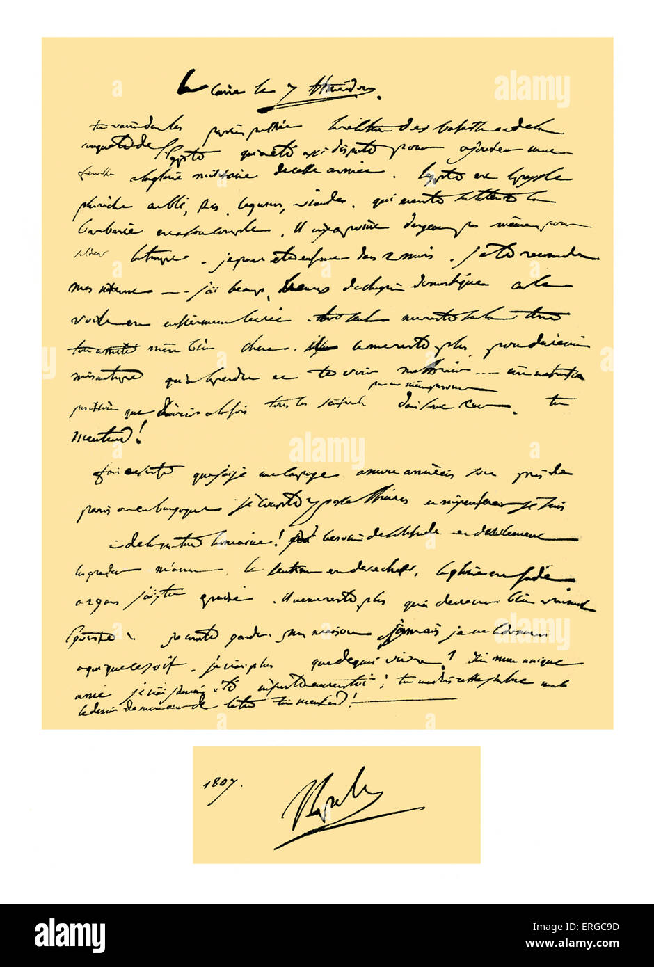 Autogramm: Brief von Napoleon Bonaparte, Kaiser von Frankreich, wenn im Befehl der französischen Expedition nach Ägypten, um seine Stockfoto
