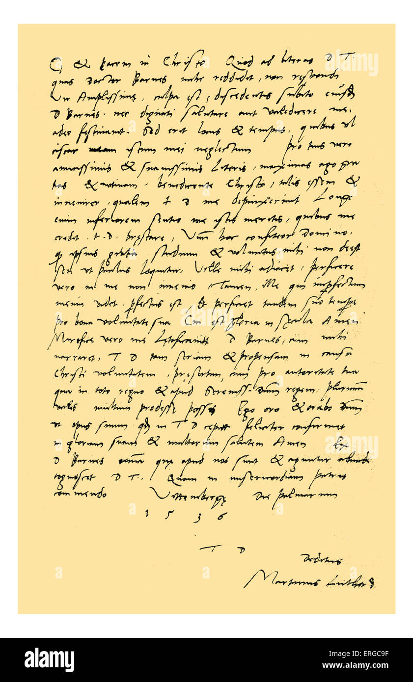 Autogramm: Martin Luther. Buchstaben in lateinischer Sprache, Thomas Cromwell, Sekretär Heinrich VIII., entschuldigte sich für die nicht geantwortet haben Stockfoto