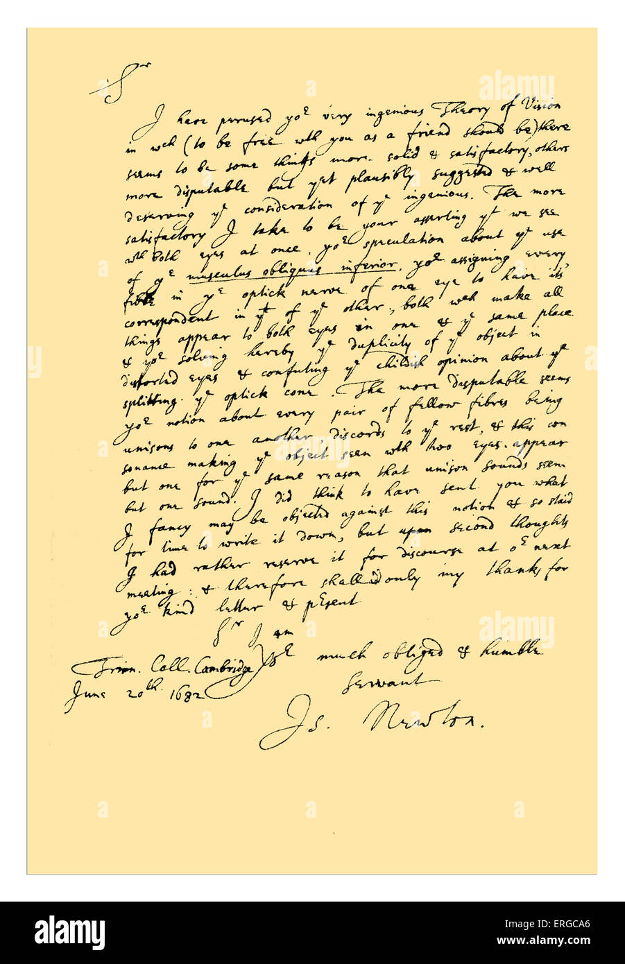 Autogramm: Brief von Sir Isaac Newton, William Briggs, mit Lob für seine "neue Theorie der Vision", aber von einigen der abweichende Stockfoto
