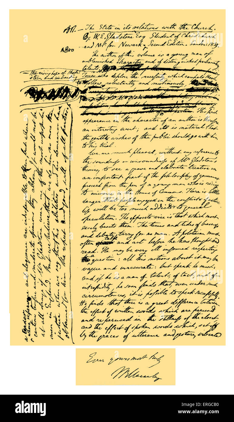 Autogramm: Maculay der Handschrift der Artikel "Der Staat und seine Beziehungen mit der Kirche", von W. E. Gladstone. Als Stockfoto