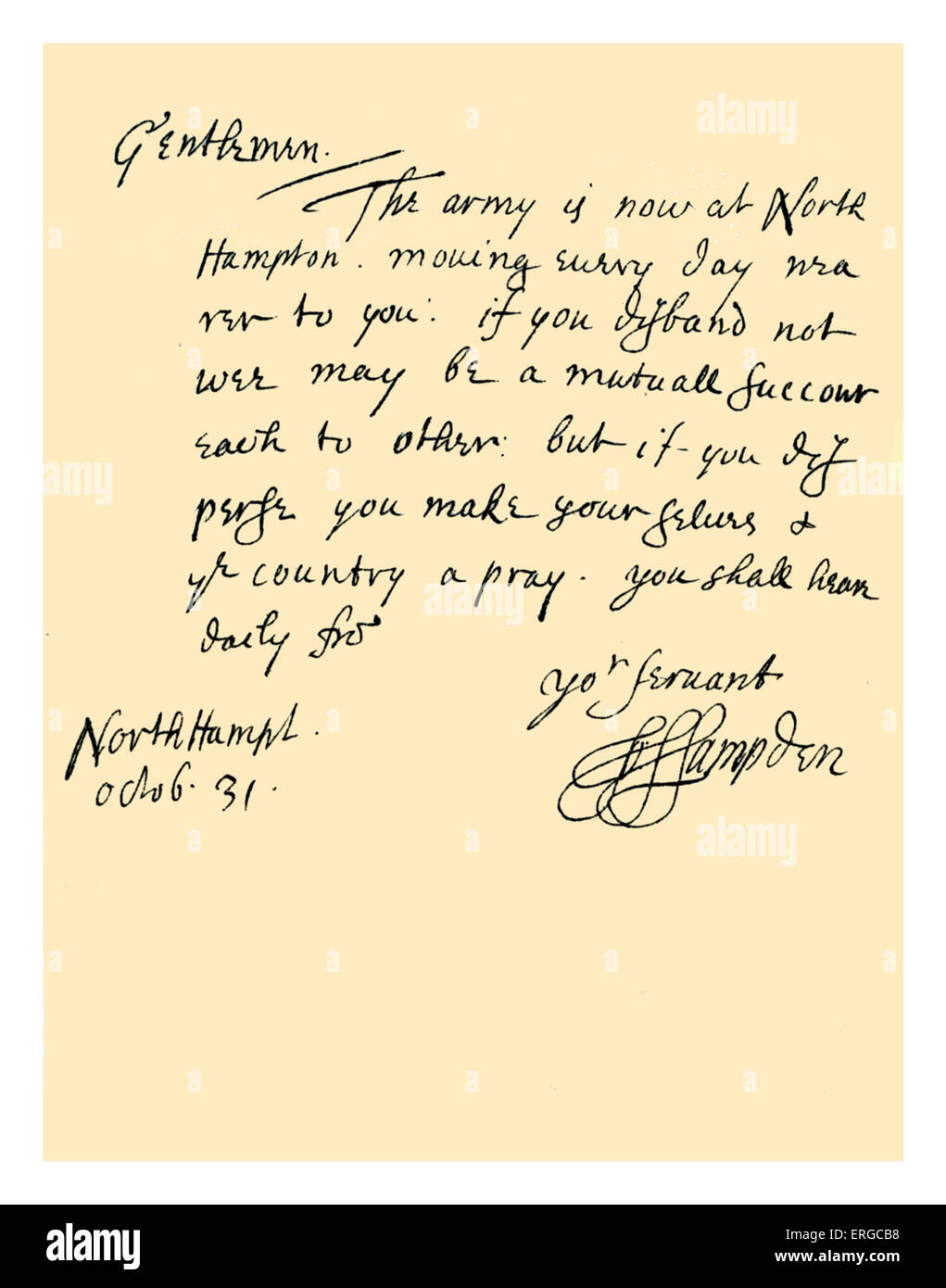 Autogramm: Brief von John Hampden, Oberst Bulstrode und andere parlamentarische Offiziere von der Grafschaft Buckingham geschrieben Stockfoto