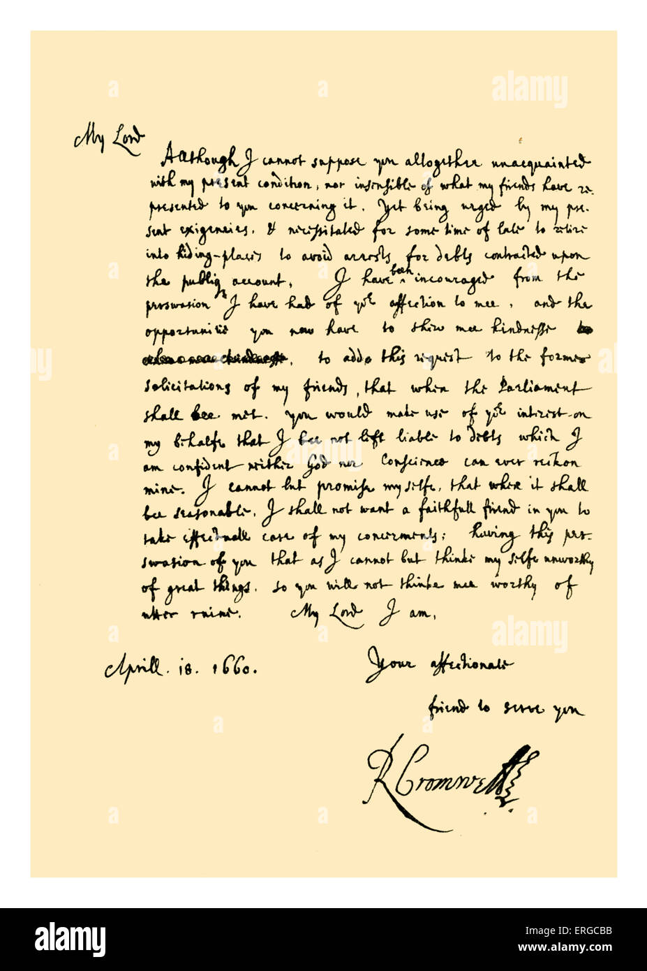 Autogramm: Brief von Richard Cromwell an General George Monck, nach seiner Pensionierung geschrieben. Cromwell anfordert, Monck verwenden Stockfoto