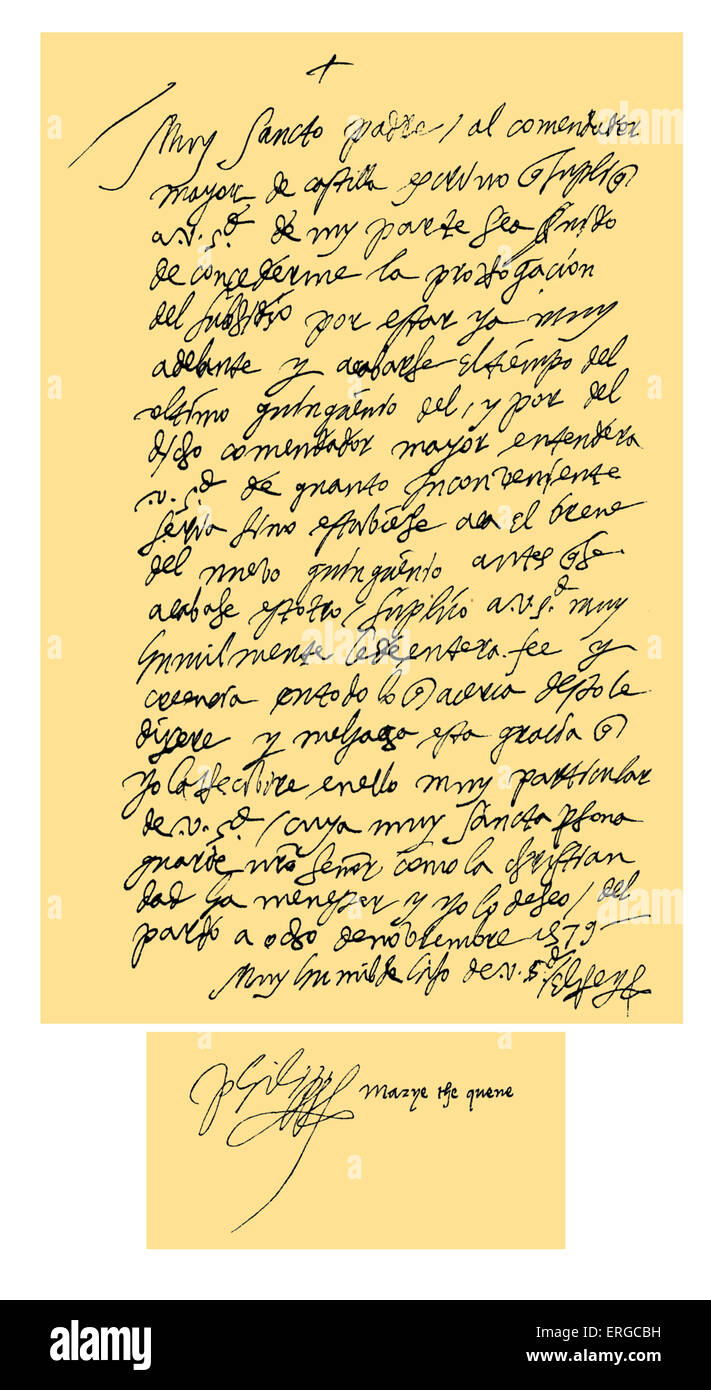 Autogramm: Brief von Philipp II. von Spanien an Papst Gregor XIII. Philip bittet, dass Papst Gregory XIII eine Verzögerung für die Zahlung einer Beihilfe gewähren und dass er glauben der Comendador Bürgermeister von Castille in allen schenken, die in diesem Zusammenhang zu sagen. 8 November 1579. Signaturen (abgenommen): Philipp II. und Königin Mary seine Frau an einen Auftrag an den Richter Norfolk "für die gute Regierung ihrer Majestäten lieben Themen innerhalb der gleichen Shire" angehängt. König von Neapel, Sizilien, Spanien, Portugal und England, 21 Mai 1527 – 13 September 1598. Quelle: British Museum. Stockfoto