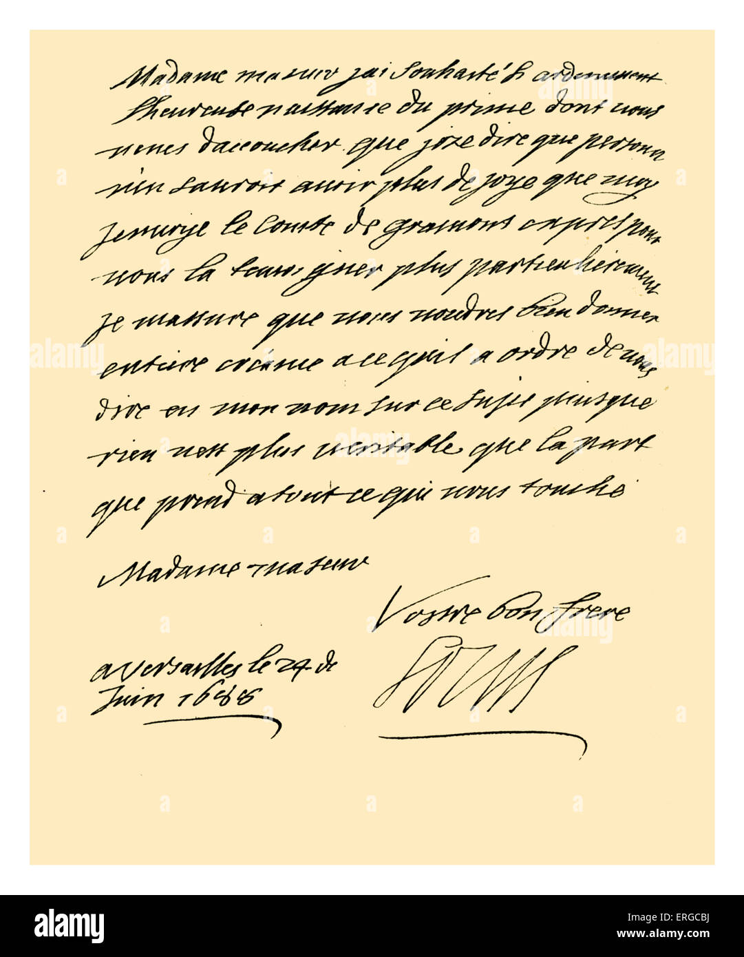 Autogramm: Brief von Ludwig XIV. von Frankreich an Mary von Modena, Königin von Jakob II. von Großbritannien. Louis XIV gratuliert Maria Stockfoto