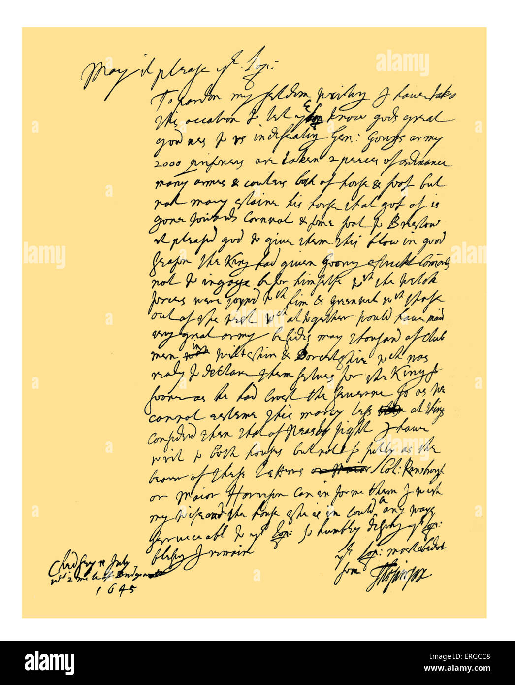 Autogramm: 1645 Brief geschrieben von Sir Thomas Fairfax, als Oberbefehlshaber der parlamentarischen Kräfte, Ferdinando, Herrn Stockfoto