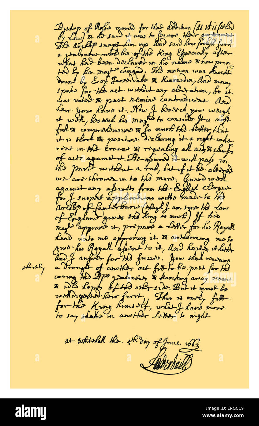 Autogramm: 1669 Brief, geschrieben von John Maitland als Earl of Lauderdale, Secretary Of State und Hochkommissar in Schottland Stockfoto
