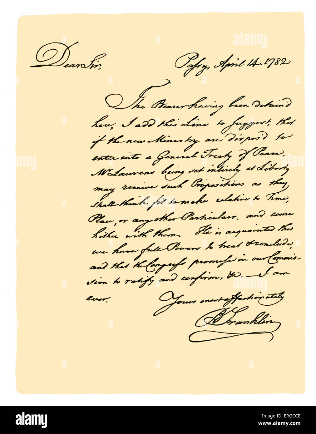 Autogramm: Brief als Benjamin Franklin Minister aus den Vereinigten Staaten nach Frankreich, an David Hartley MP gerichtet war. Stockfoto