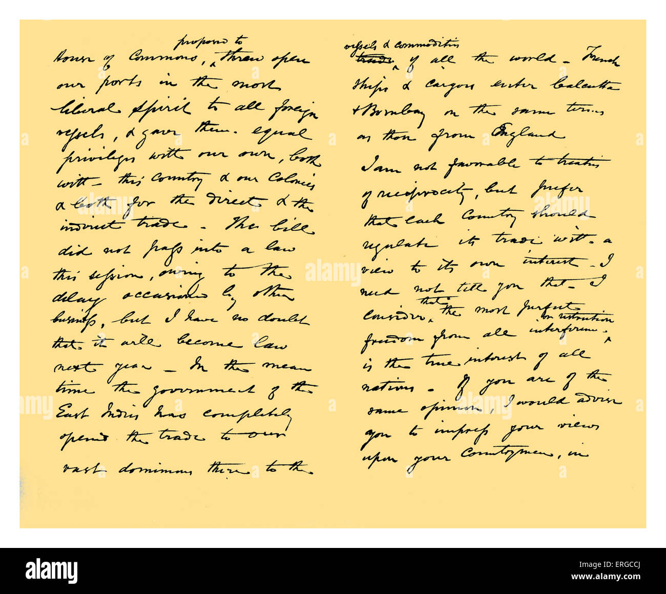 Autogramm: Brief von Richard Cobden, Theodore N. Benard, französischer Ökonom, zum Thema einen Vertrag der Wechselwirkungen. Stockfoto