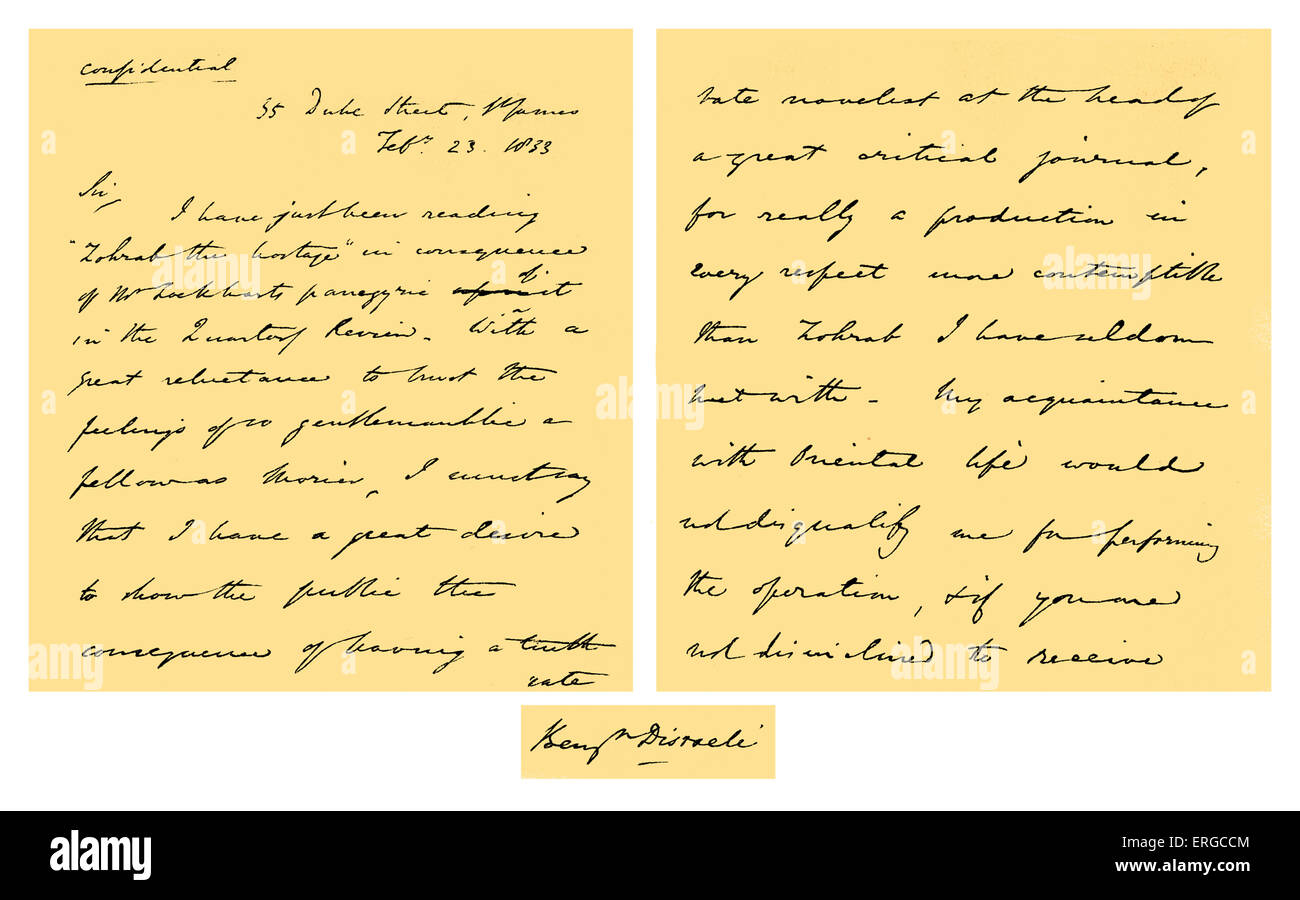 Autogramm: Brief von Benjamin Disraeli, geschrieben im Jahre 1837, bevor er nach Macvey Napier, Herausgeber des Parlaments betrat die Stockfoto