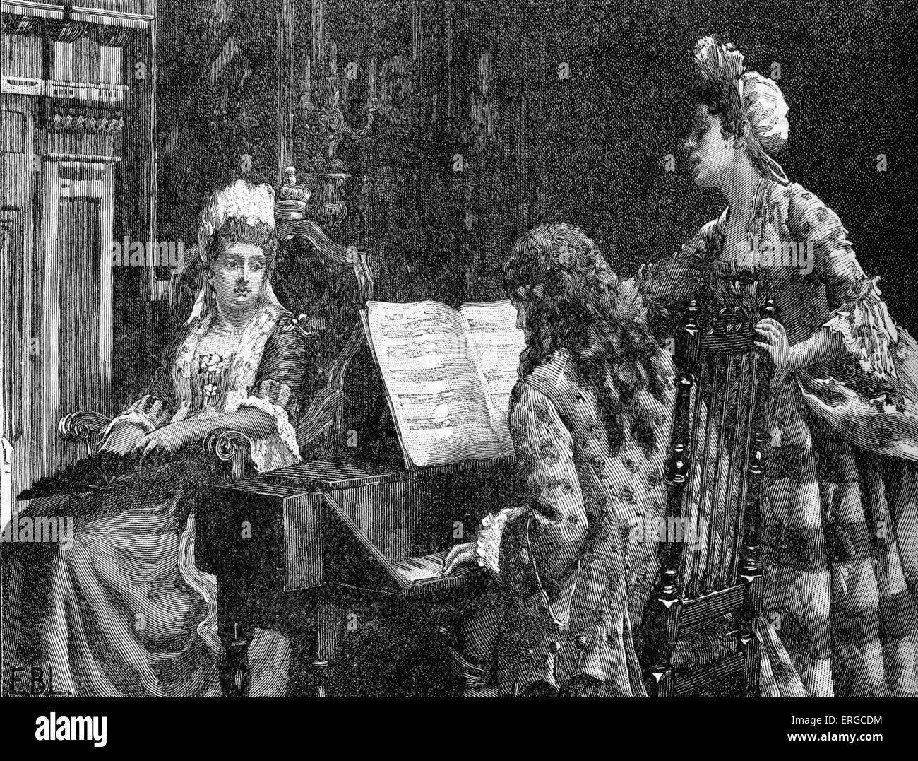 Frau Arabella Hunt singen zur Queen Mary. AH: Englischer Sänger und Lautenist, 1662-1705. Queen Mary II von England, gemeinsame Monarchen Stockfoto