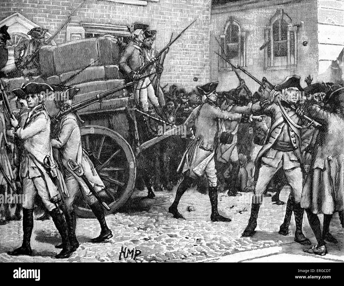 Bewaffnete Eskorte für das gestempelte Papier, New York, 1765. Stamp Act 1765 auferlegten direkte Steuern durch die britische Regierung auf die amerikanische Stockfoto