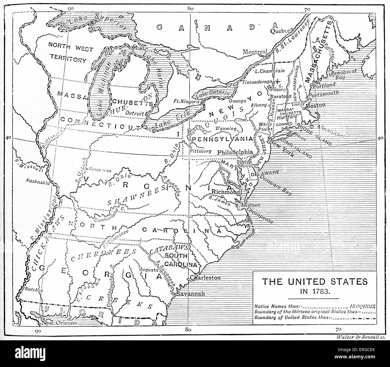 Karte von USA nach der Unabhängigkeit, 1783. Dreizehn Gründungsmitgliedern, nationale Grenze und gebürtige amerikanische Ortsnamen angezeigt. Stockfoto