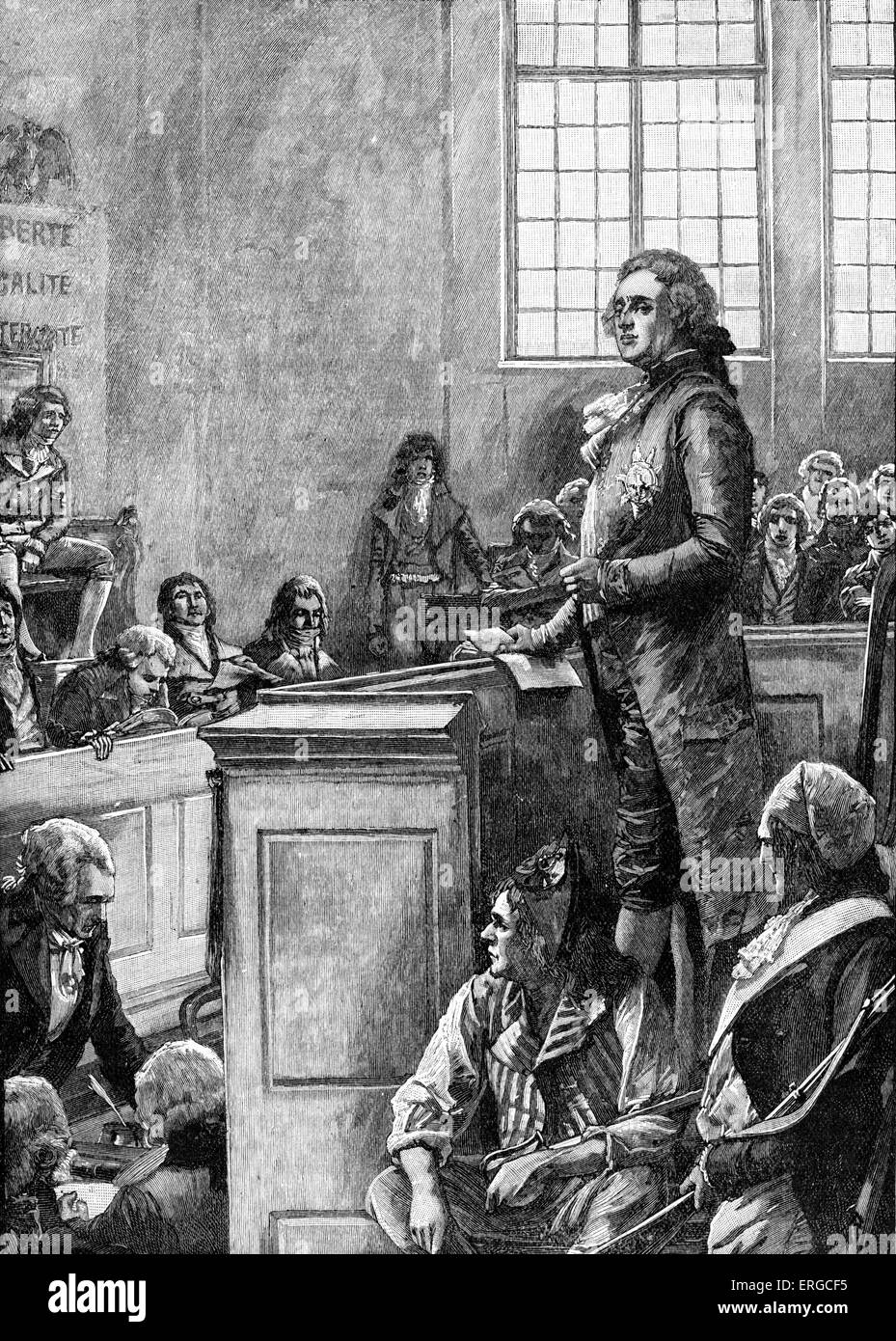 Testversion von Louis XVI., König von Frankreich, 1793. Befunden Sie Verschwörung gegen die Freiheit und die Sicherheit des Staates schuldig und verurteilt Stockfoto