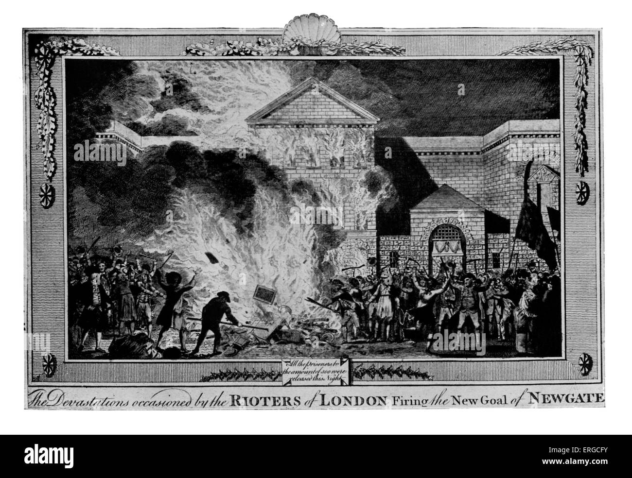 Newgate Gefängnis auf Feuer während Gordon Riots, London, 1780. Anti-katholische Protest gegen die Papisten Act 1778 die entfernt Stockfoto