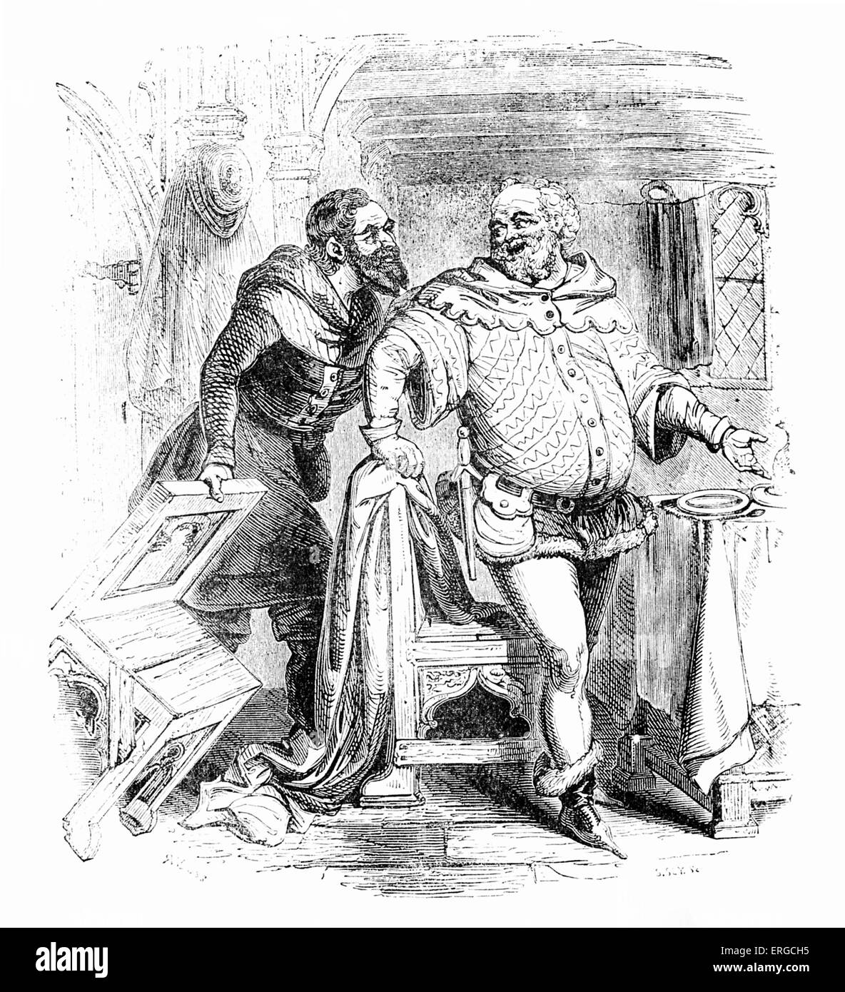 Franklin und der Kaufmann (links). Basierend auf "The Franklin Tale", aus Geoffrey Chaucers Sammlung, Gravur "der Stockfoto