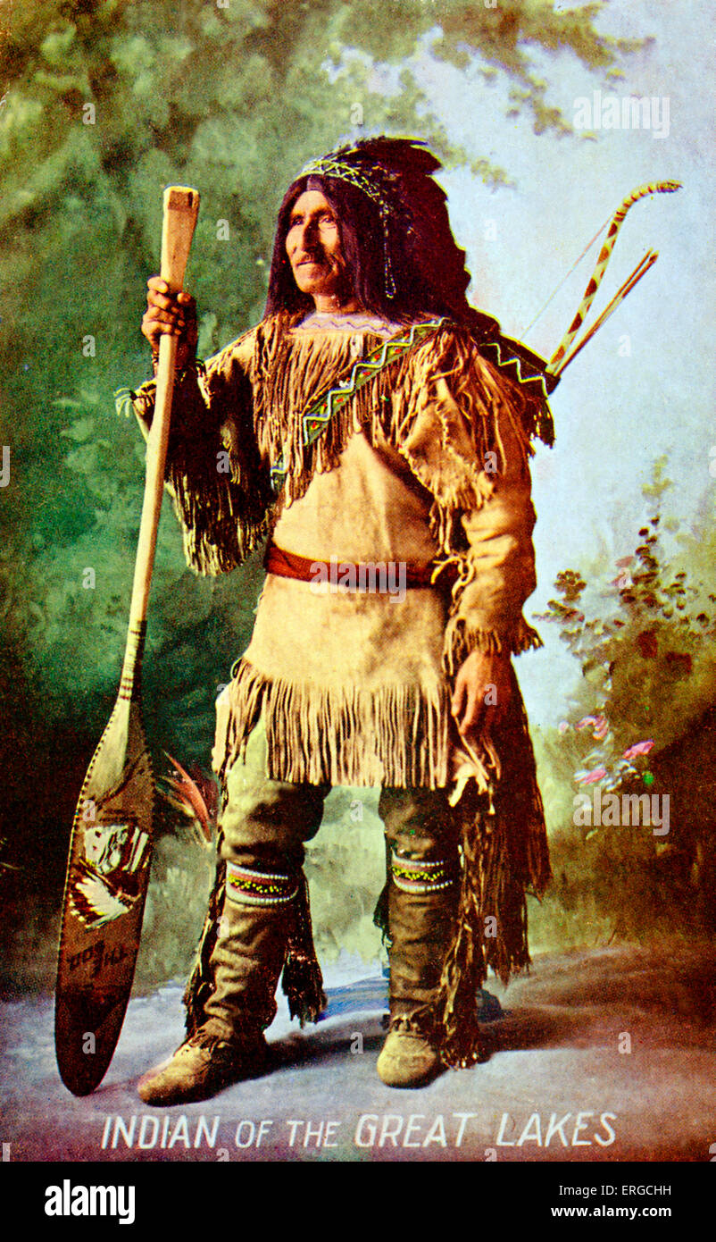 Mann in Indianer Tracht. Bildunterschrift lautet: "Indische der großen Seen". Von "Troilene" Indian-Serie herausgegeben von W. G. Macfarlane, New York, Toronto und Buffalo, USA. Stockfoto