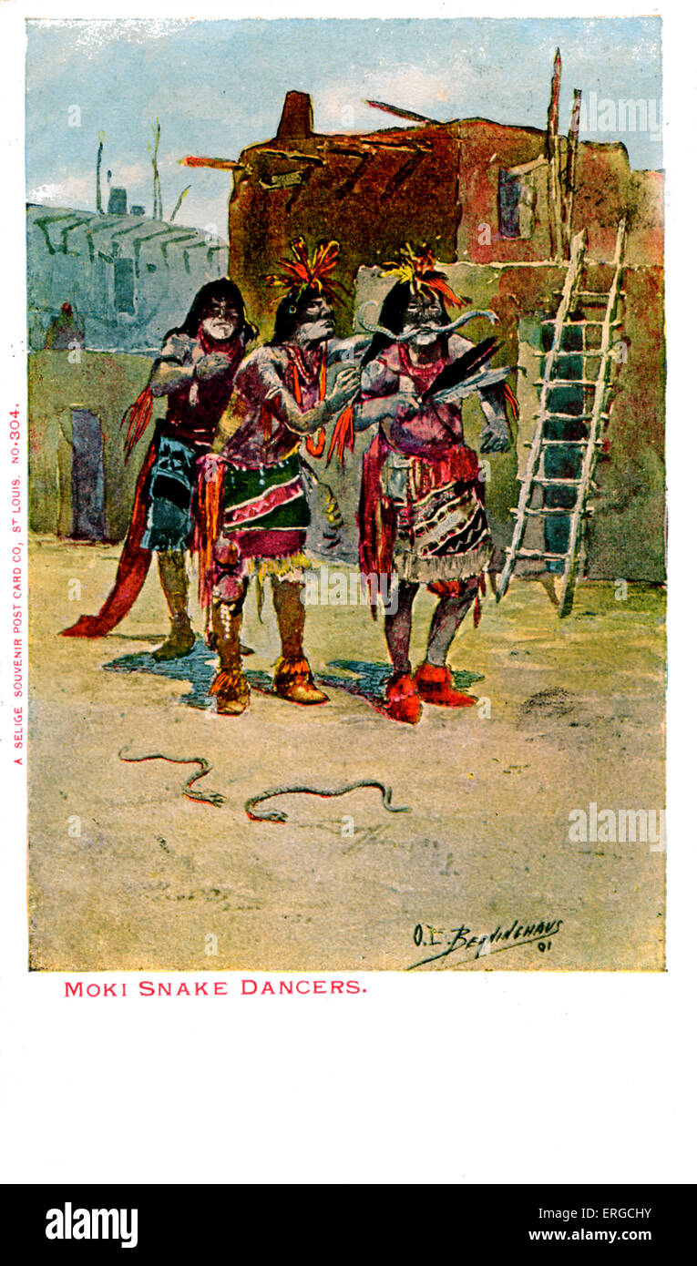 Moki Schlange Tänzer. Hopi indische Männer, die Teilnahme an einem Schlangentanz. Herausgegeben von der daß Souvenir Postkarte Co., St. Louis, Stockfoto