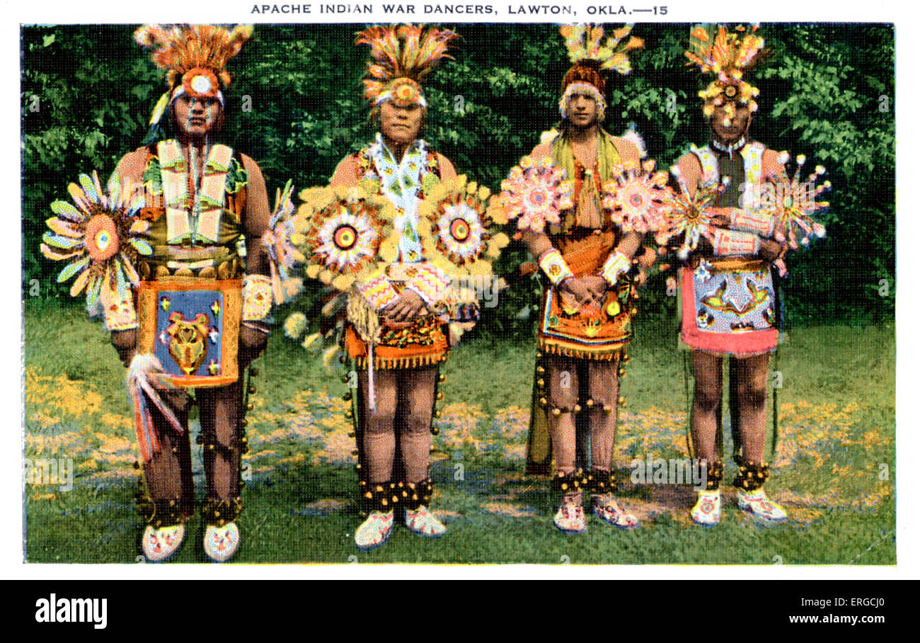 Apache Indian War Tänzer, Oklahoma, USA. Herausgegeben von E.C.Kropp Co., Milwaukee, USA. Stockfoto