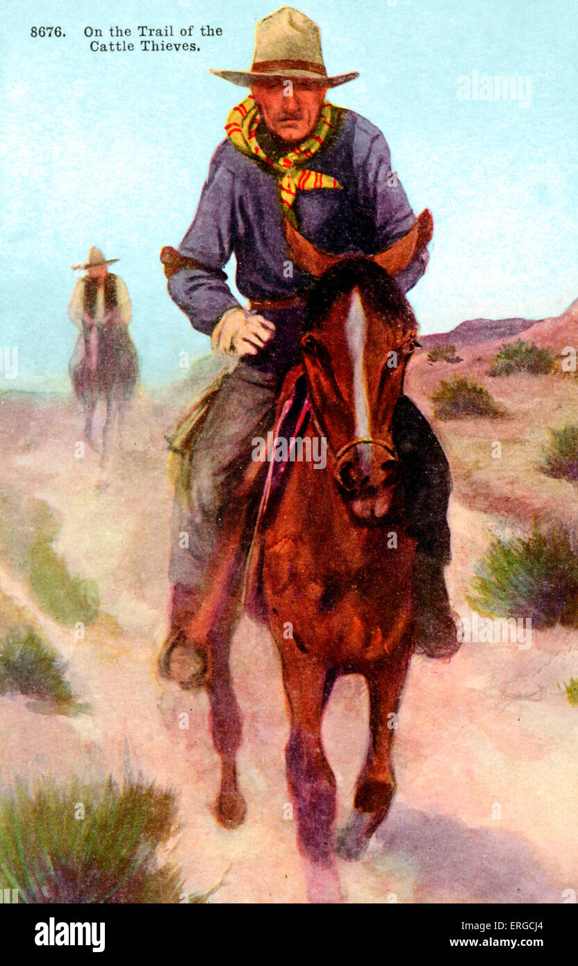 Cowboys zu Pferd, auf den Spuren der Rinder Diebe. Von H. H. Tannen Cowboy-Serie, 1910. Stockfoto